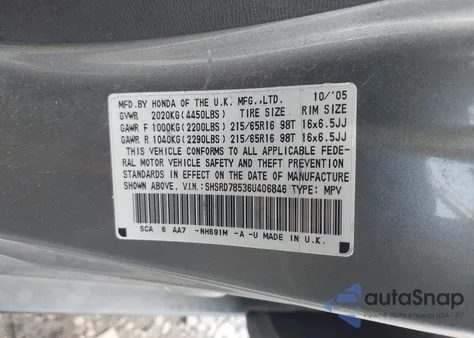 2006 Honda Cr-V Lx из США, поврежденный, VIN SHSRD78536U406846